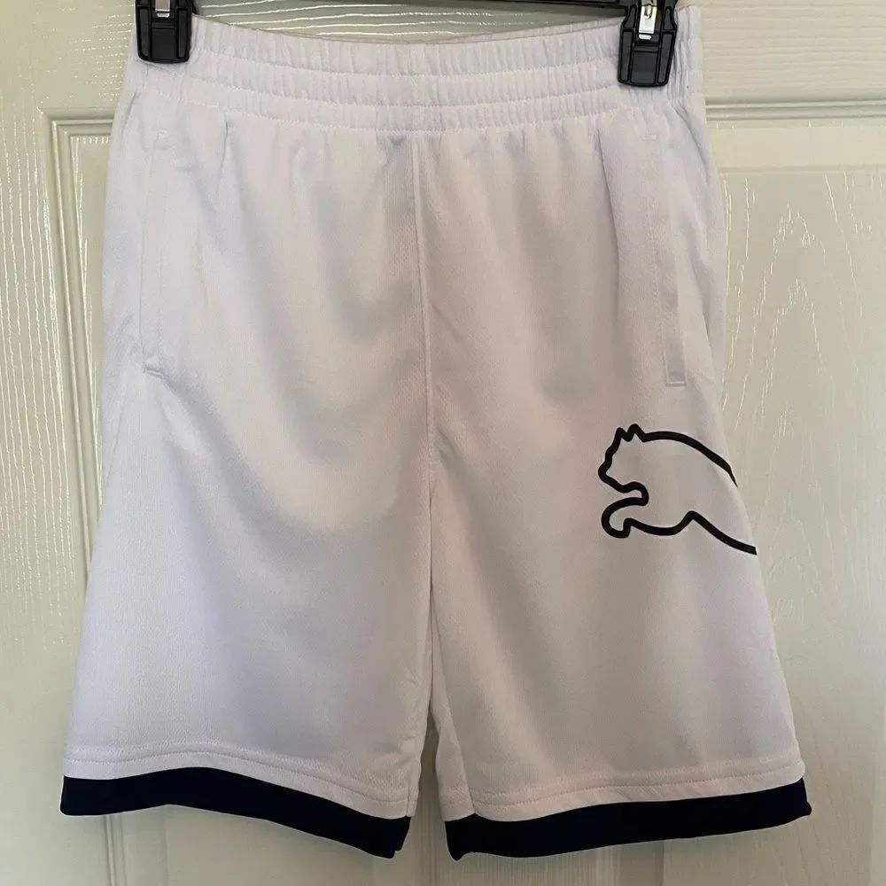 PUMA Boys Graphic Wrap Logo Mesh White Shorts with Blue Trim